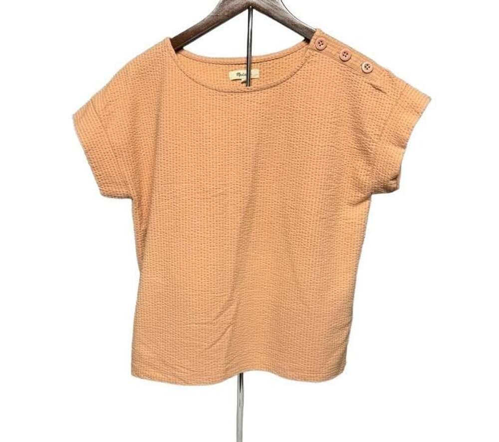 Madewell Textured Short Sleeve Top Size S Peach Waffle Knit Button Shoulder